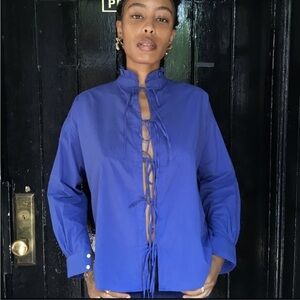 Alix of Bohemia Front Tie Ruffle neck Blouse in Blue
